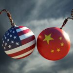 Wrecking Balls Textured with American and Chinese Flags Over Dark Stormy Sky